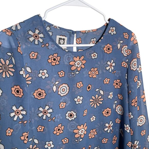 Anne Klein Blouse Women's Small Blue Round Neck Long Sleeve Floral Top Shirt - Picture 2 of 9